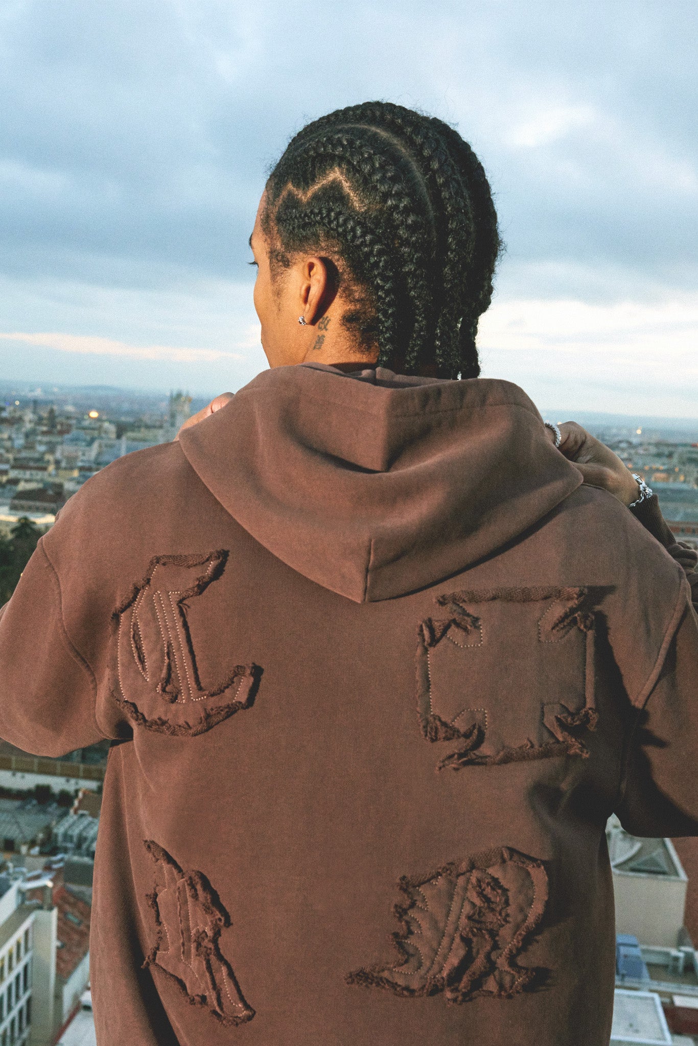 Raw Edge Applique Hoodie - Brown